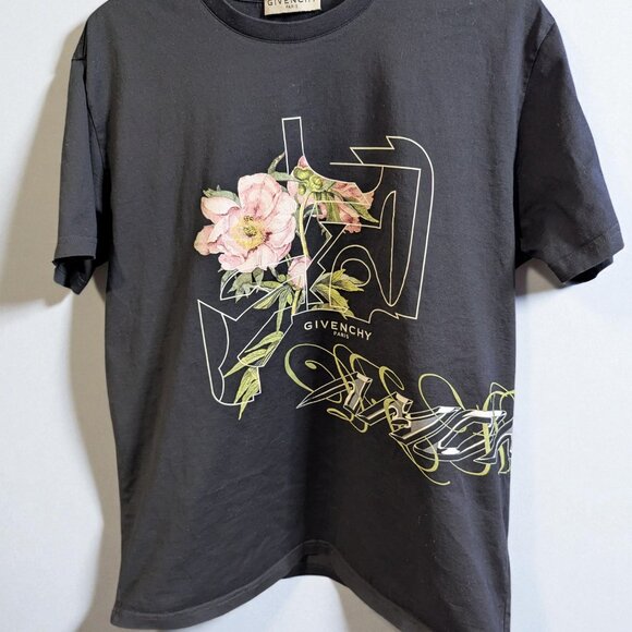 Givenchy Men's Short Sleeve T-Shirt Floral Logo, Size Medium, Peony Maze - Picture 2 of 6